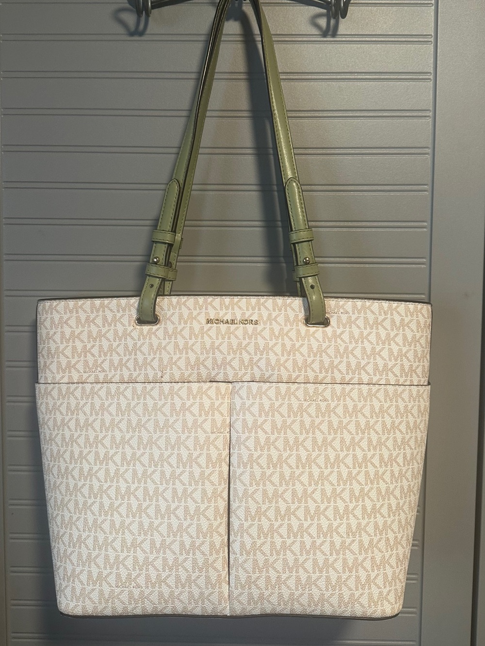 Michael Kors Jet Set Travel MD Double Pocket Tote Shoulder Bag Vanilla/Green NWT